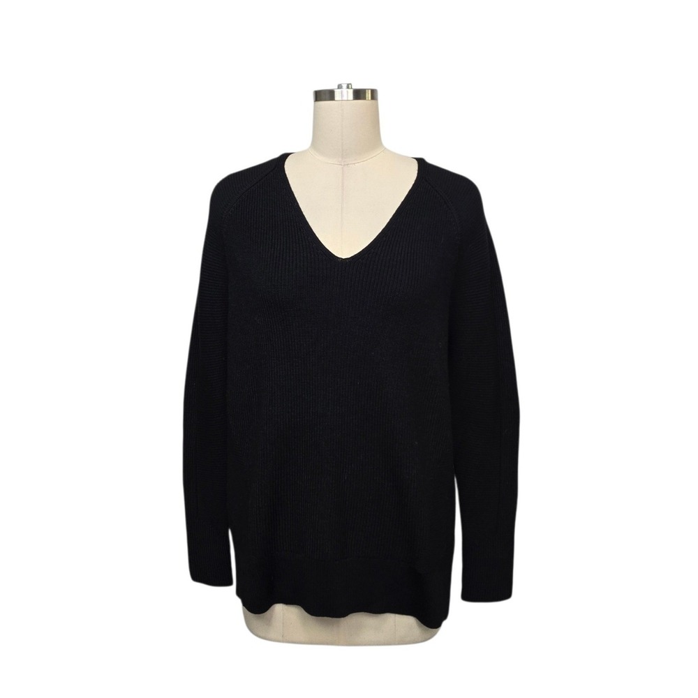 Athleta Hanover V-Neck Sweater Black Merino Wool Blend Ribbed Knit Size XS
